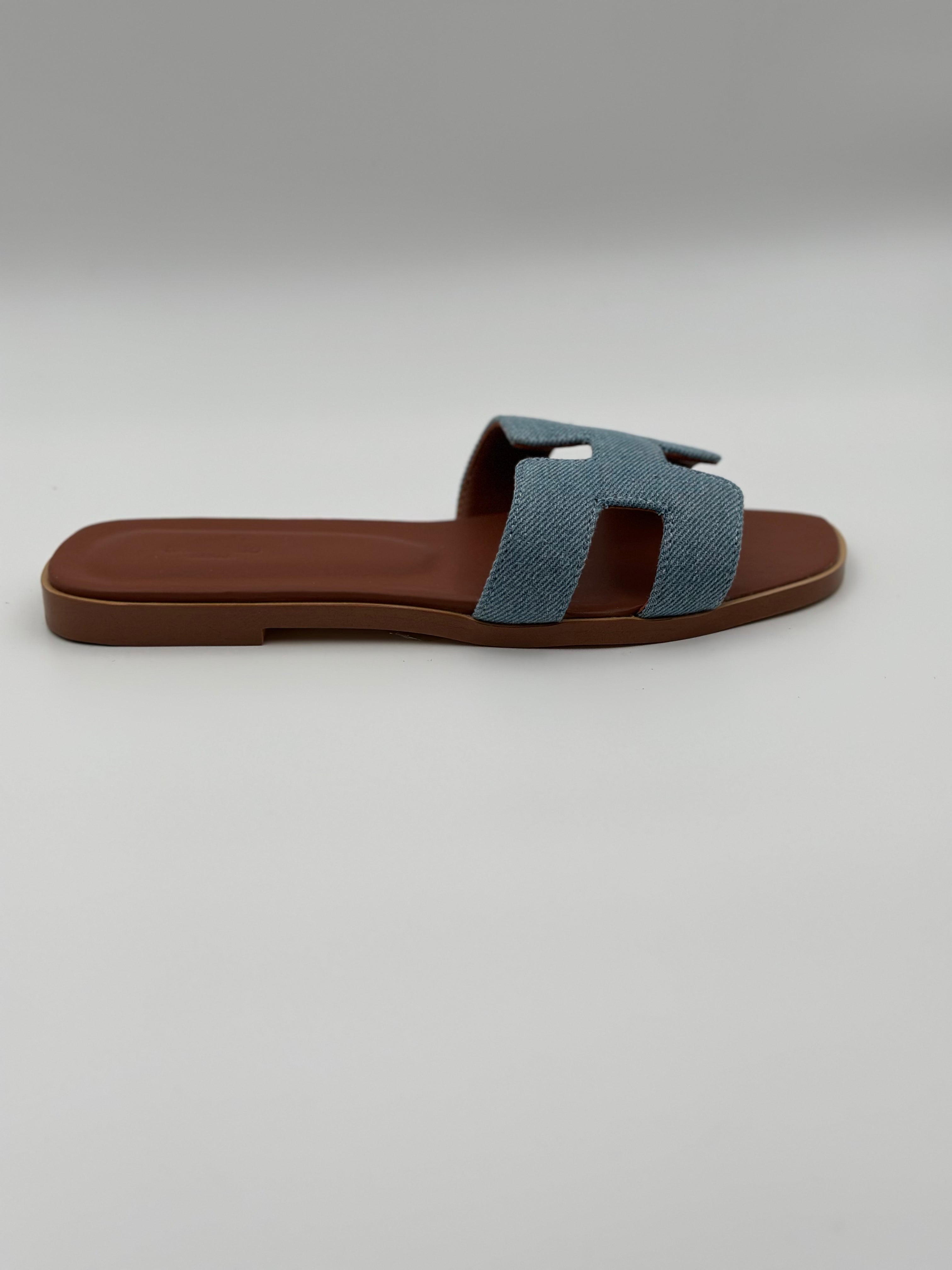 Hermes Oran Slippers " Brown/blue "