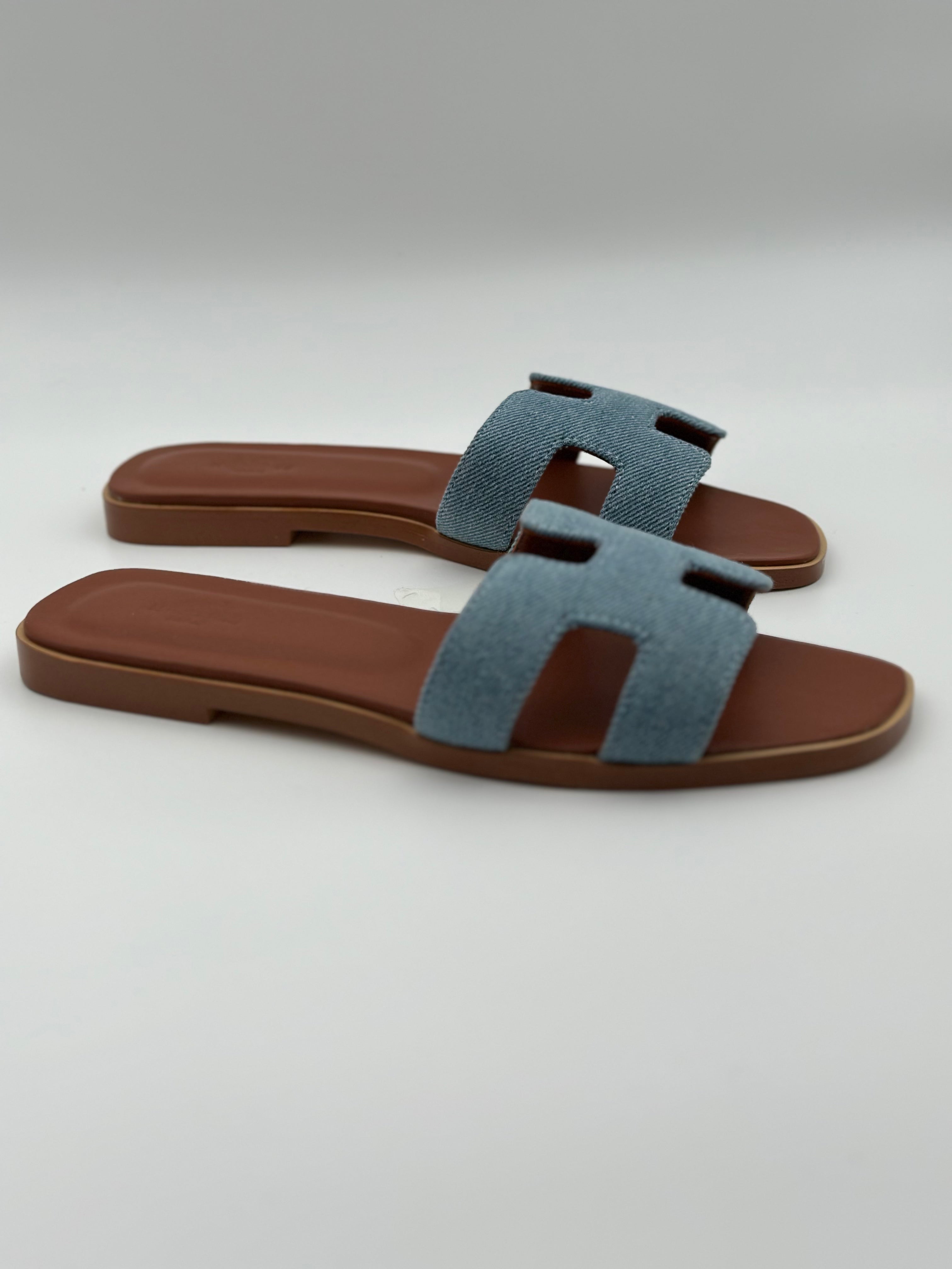 Hermes Oran Slippers " Brown/blue "